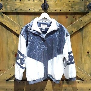 VINTAGE JANEVE SILVER WHITE JACKET TRACK ACTIVEWEAR SIZE MEDIUM SHOULDER PADS